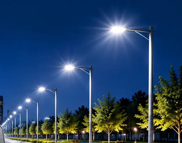 LED street lights along a road at dusk